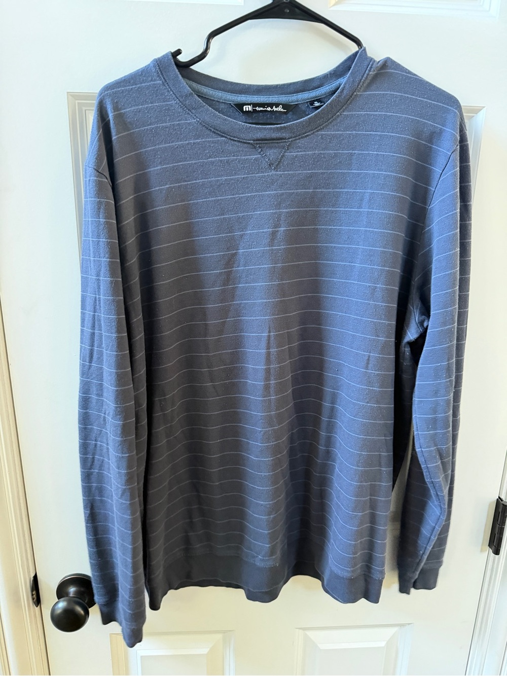 Travis Mathew Navy Blue Striped Long-Sleeve Crewneck